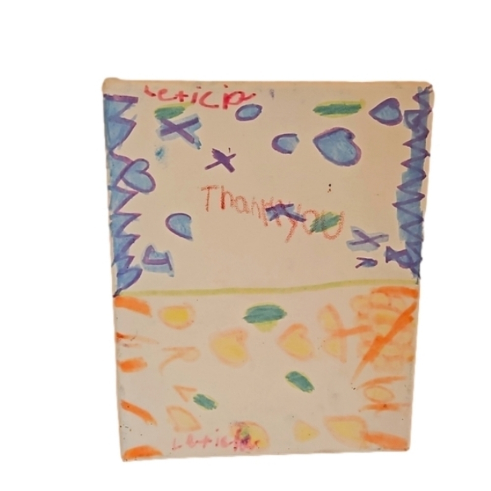 Hand crafted  painting 8" x10" on white upcycled canvas Blue Yellow Green Orange